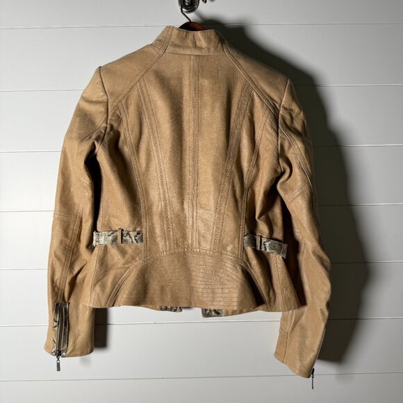 ETCETERA Leather Jacket- Sz 2 Tan with Snakeskin Look Trim, Deco Stitching,... - Picture 9 of 12